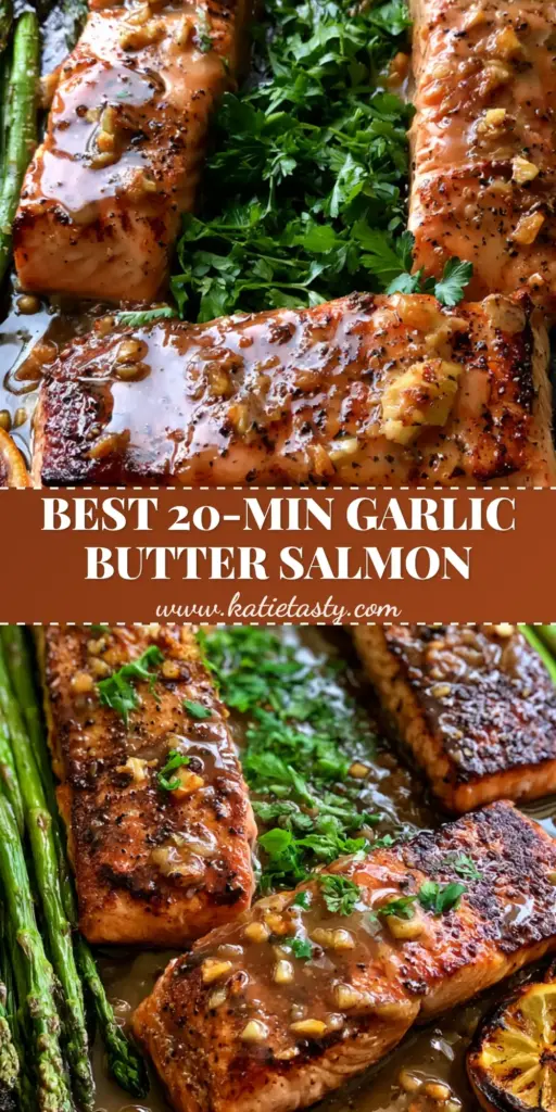Baked Salmon with Honey Garlic Butter and Roasted Asparagus 4 A top-down shot of a rustic sheet pan featuring three thick Baked Salmon fillets with honey garlic glaze, roasted asparagus, and charred lemon rounds.