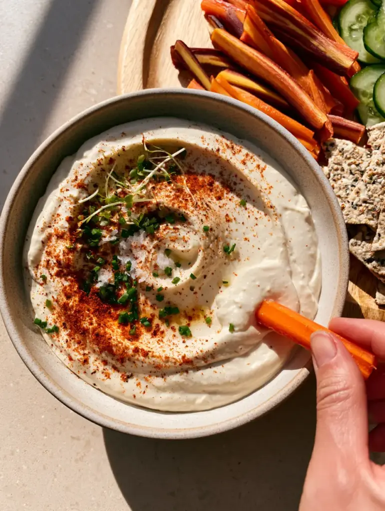 Silken Tofu Dip: The Ultimate Creamy High-Protein Vegan Appetizer 1 A hand dipping a rainbow carrot into a thick Silken Tofu Dip on a wooden serving board.
