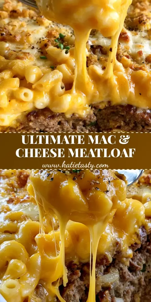 A close-up of a Mac and Cheese Meatloaf Casserole with a stretchy cheese pull and golden panko topping in a ceramic dish.
