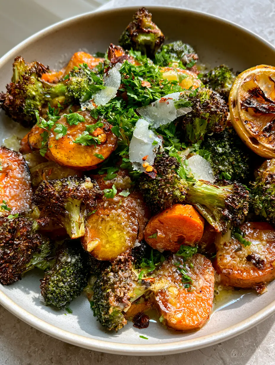 Close-up of crispy air fryer vegetables with visible charred edges, melted butter, and fresh parsley garnish. (vegetable side dishes)