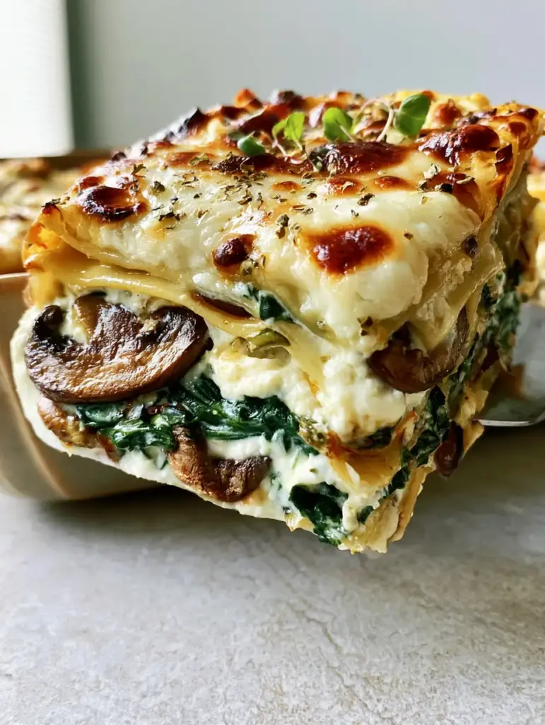 Top view of bubbly golden-brown mozzarella cheese with charred spots on a Spinach and mushroom lasagna.