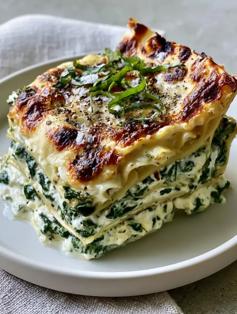Spinach Ricotta Lasagna with Heavy Garlic Cream Sauce and Toasted Parmesan 1 Close-up of the bubbling mozzarella and toasted parmesan crust on a slice of spinach ricotta lasagna garnished with basil ribbons.