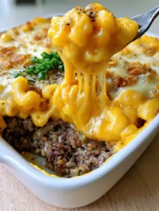 Top view of the Mac and Cheese Meatloaf Casserole showing bubbly cheese, toasted breadcrumbs, and fresh green chives.
