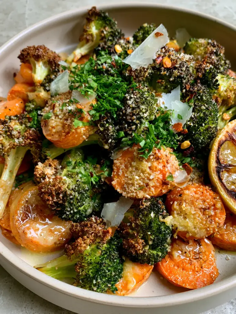 Top-down view of vegetable side dishes in a ceramic bowl with red chili flakes and a charred lemon on a stone countertop.