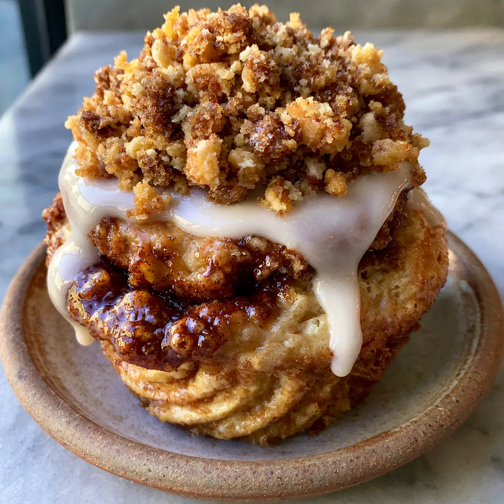 Close up of the crispy golden brown sugar streusel crumble on top of a cinnamon muffin.