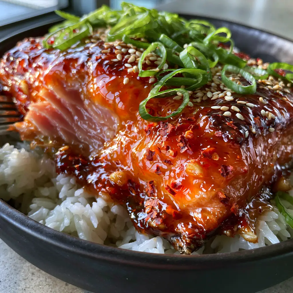 Baked Sweet Chili Salmon: The Ultimate 20-Minute Sticky Glazed Dinner 2 A smartphone photo of Baked Sweet Chili Salmon showing bubbling caramelized edges and a translucent red glaze with garlic bits.