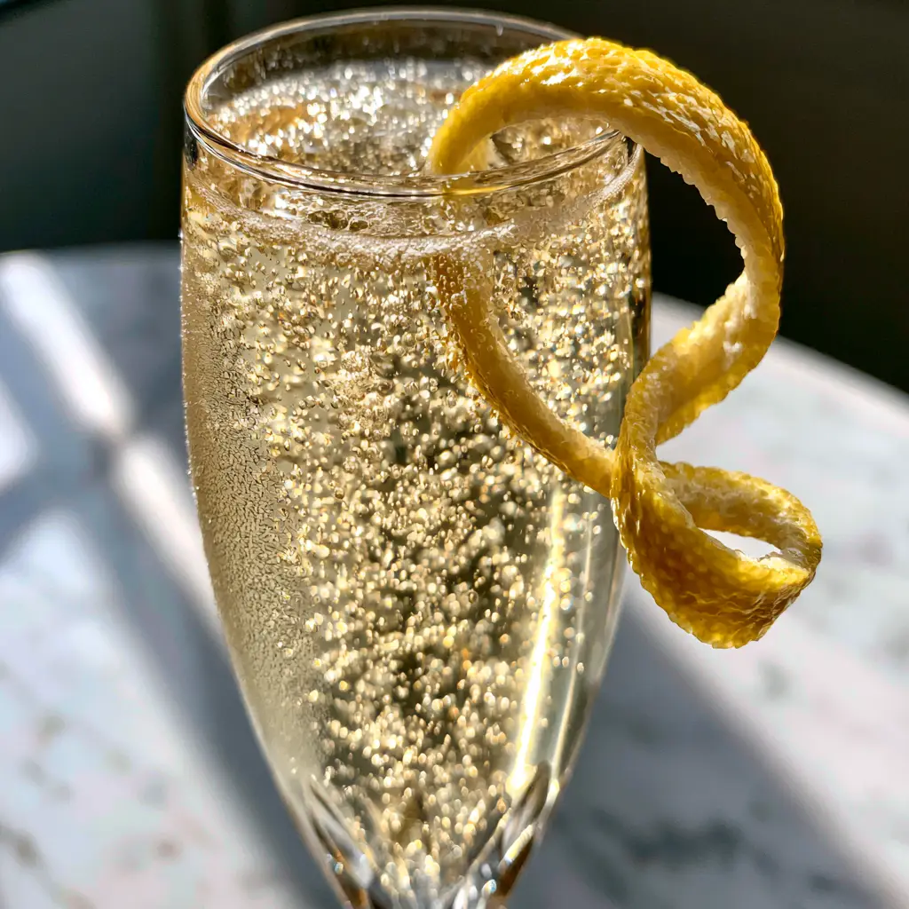Close-up smartphone photo of a translucent French 75 cocktail with micro-bubbles and cold condensation mist.