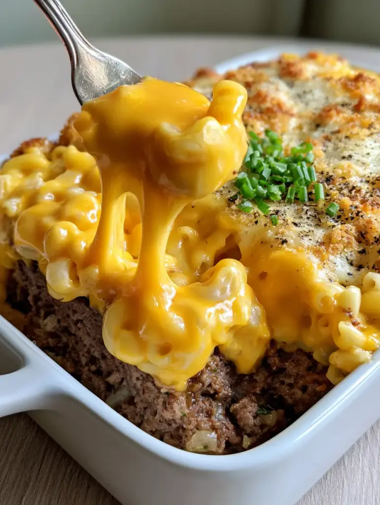A cross-section of Mac and Cheese Meatloaf Casserole showing the juicy beef layer and thick macaroni cheese layer.