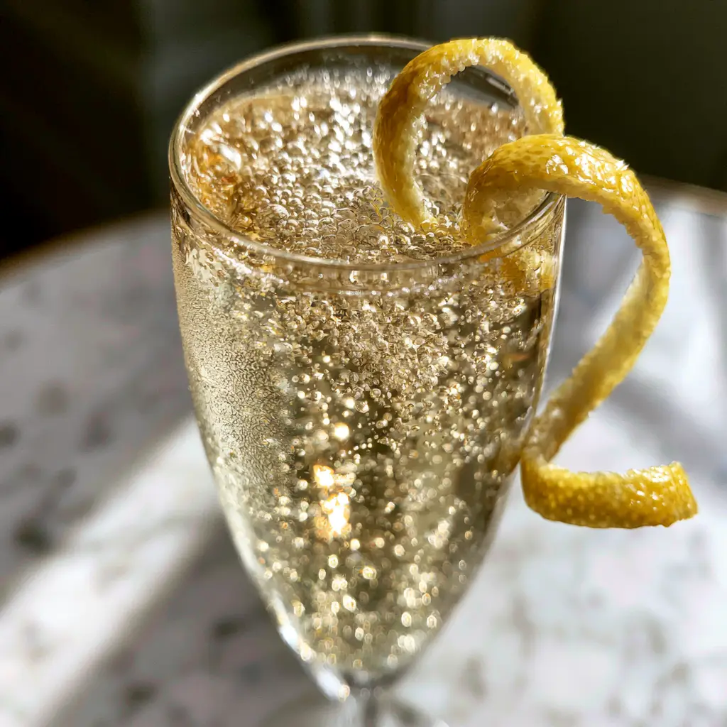 French 75 Cocktail: The Ultimate Guide to the Perfect Sparkling Gin Classic 1 A French 75 cocktail on a white marble bistro table with soft morning sunlight creating bright highlights.
