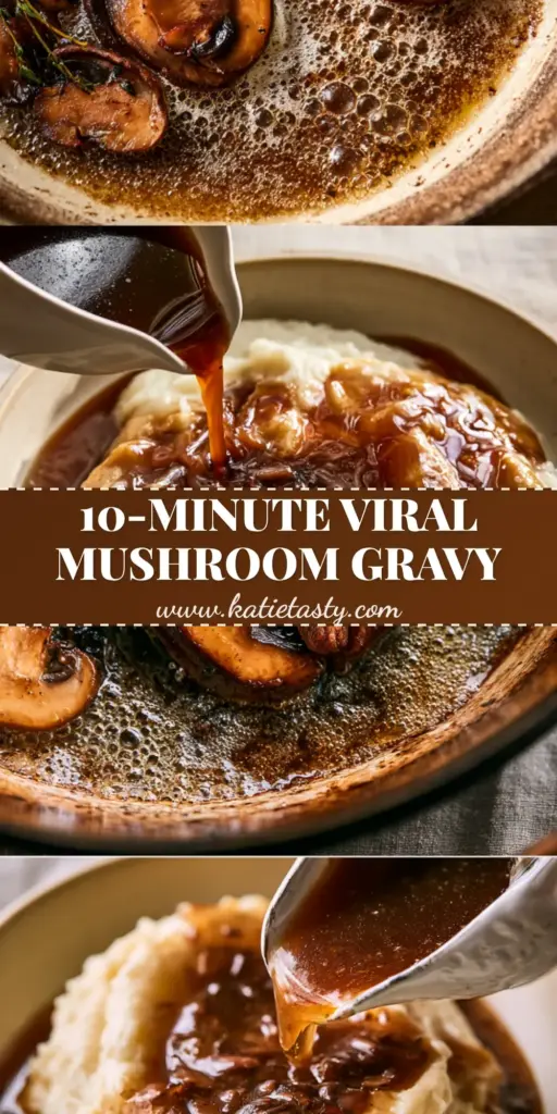 A split screen showing seared shiitakes in a cast iron skillet and a thick mahogany mushroom gravy pouring onto mashed potatoes. (mushroom gravy recipe)