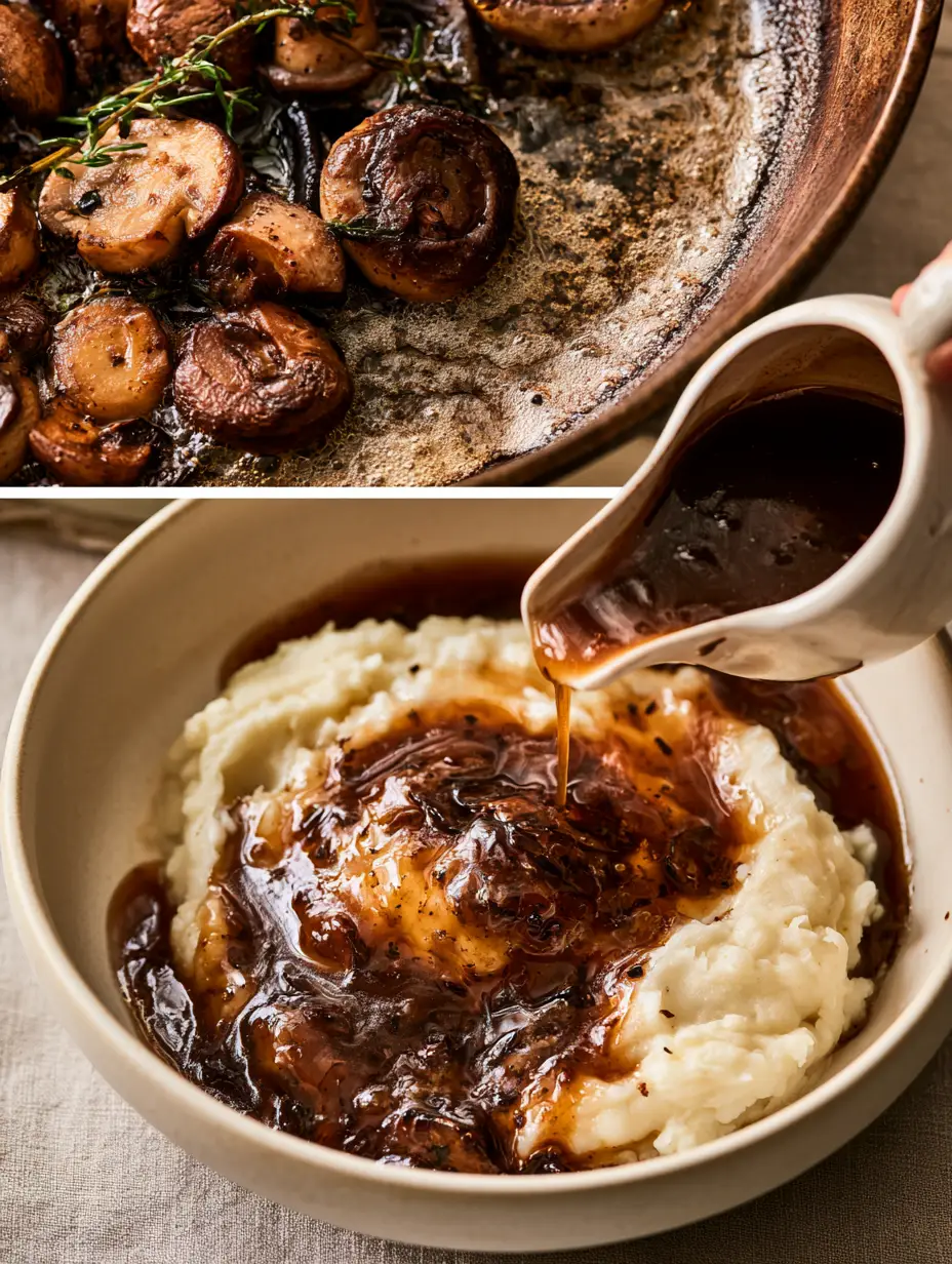 Overhead view of cremini and shiitake mushrooms searing in bubbling browned butter with fresh thyme sprigs. (mushroom gravy recipe)