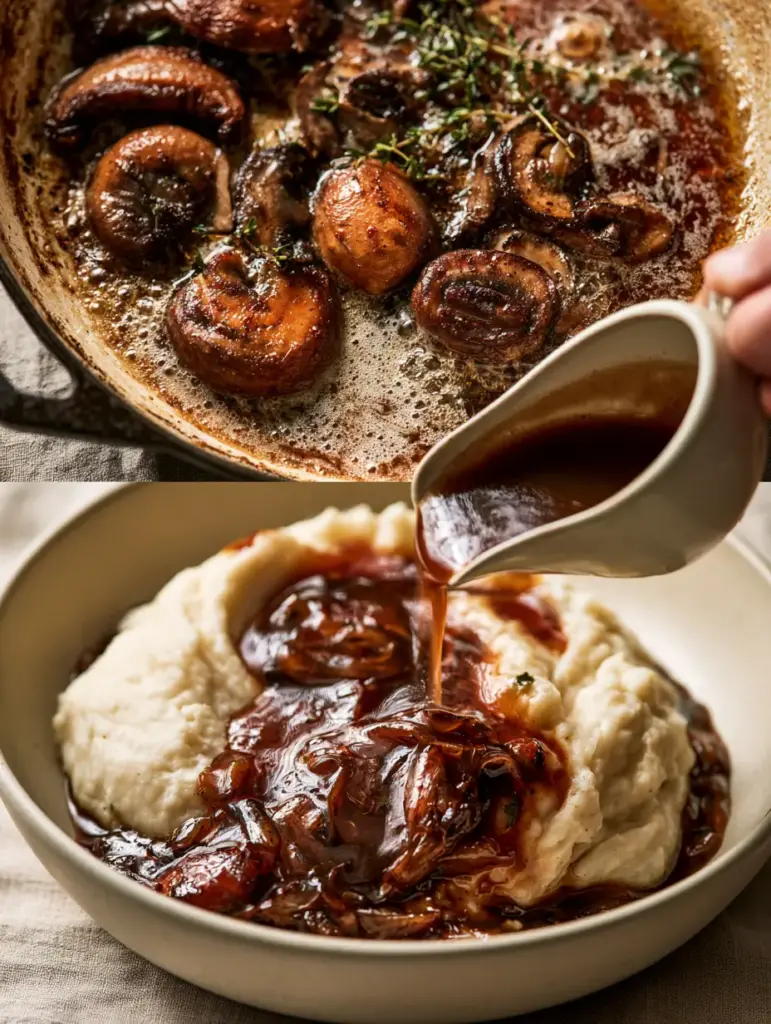 Close up of thick, glossy mahogany mushroom gravy pouring from a white ceramic boat onto whipped potatoes.