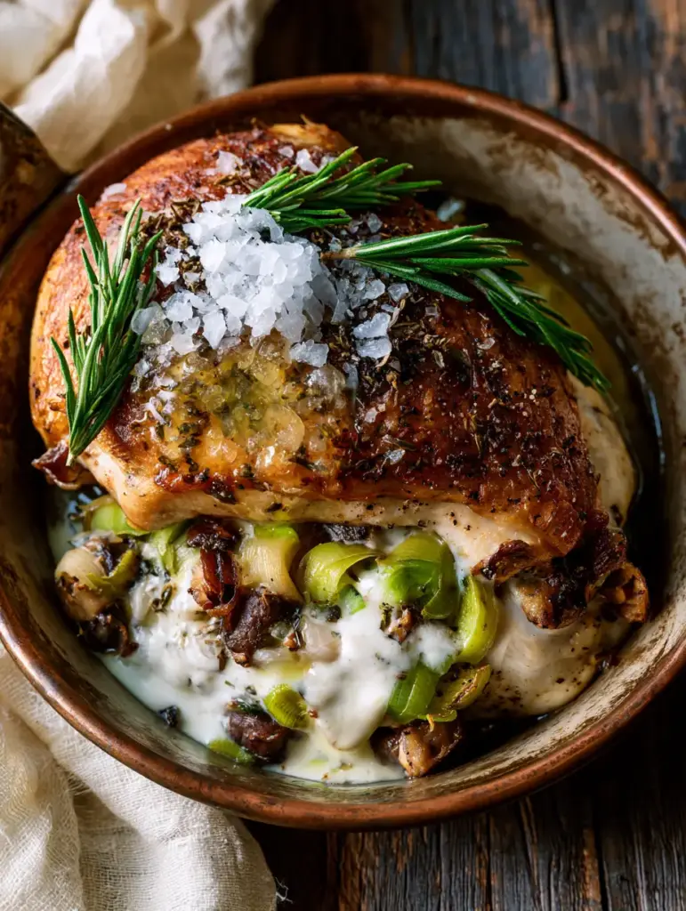 Cross-section of stuffed chicken showing thick white cream, green leeks, and brown mushrooms. (The Farm Table cookbook)