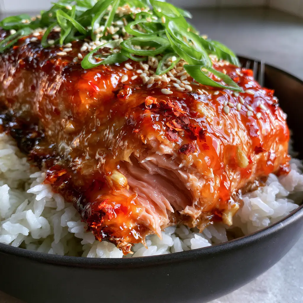 Baked Sweet Chili Salmon: The Ultimate 20-Minute Sticky Glazed Dinner 1 A fork pulling back a layer of Baked Sweet Chili Salmon to reveal the moist pink interior texture and flaky layers.