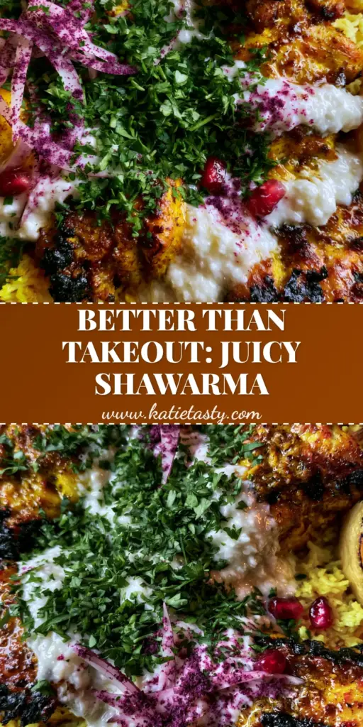 A top-down shot of three thick Chicken Shawarma Skewers on yellow rice, garnished with parsley, sumac onions, and pomegranate seeds.