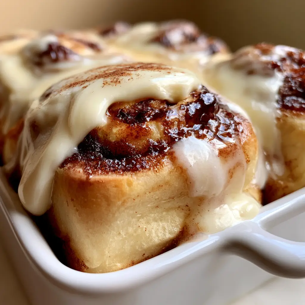 Bread machine cinnamon rolls with Thick Cream Cheese Frosting 2 Close-up handheld photo of warm Bread machine cinnamon rolls with bubbling dark sugar glaze and dripping frosting.