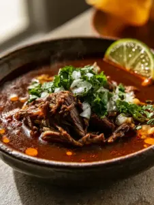 Close-up of juicy shredded beef chuck roast in a deep red consommé with steam rising (birria de res crockpot recipe).