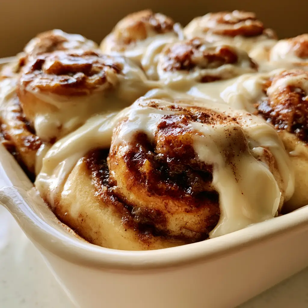 Bread machine cinnamon rolls with Thick Cream Cheese Frosting 1 A top-down view of Bread machine cinnamon rolls in a ceramic baking dish with a dusting of ground cinnamon.