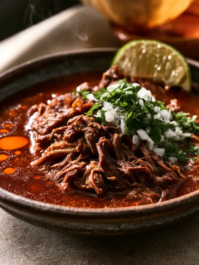 A warm corn tortilla being dipped into a dark ceramic bowl of birria de res consommé with onions and cilantro.