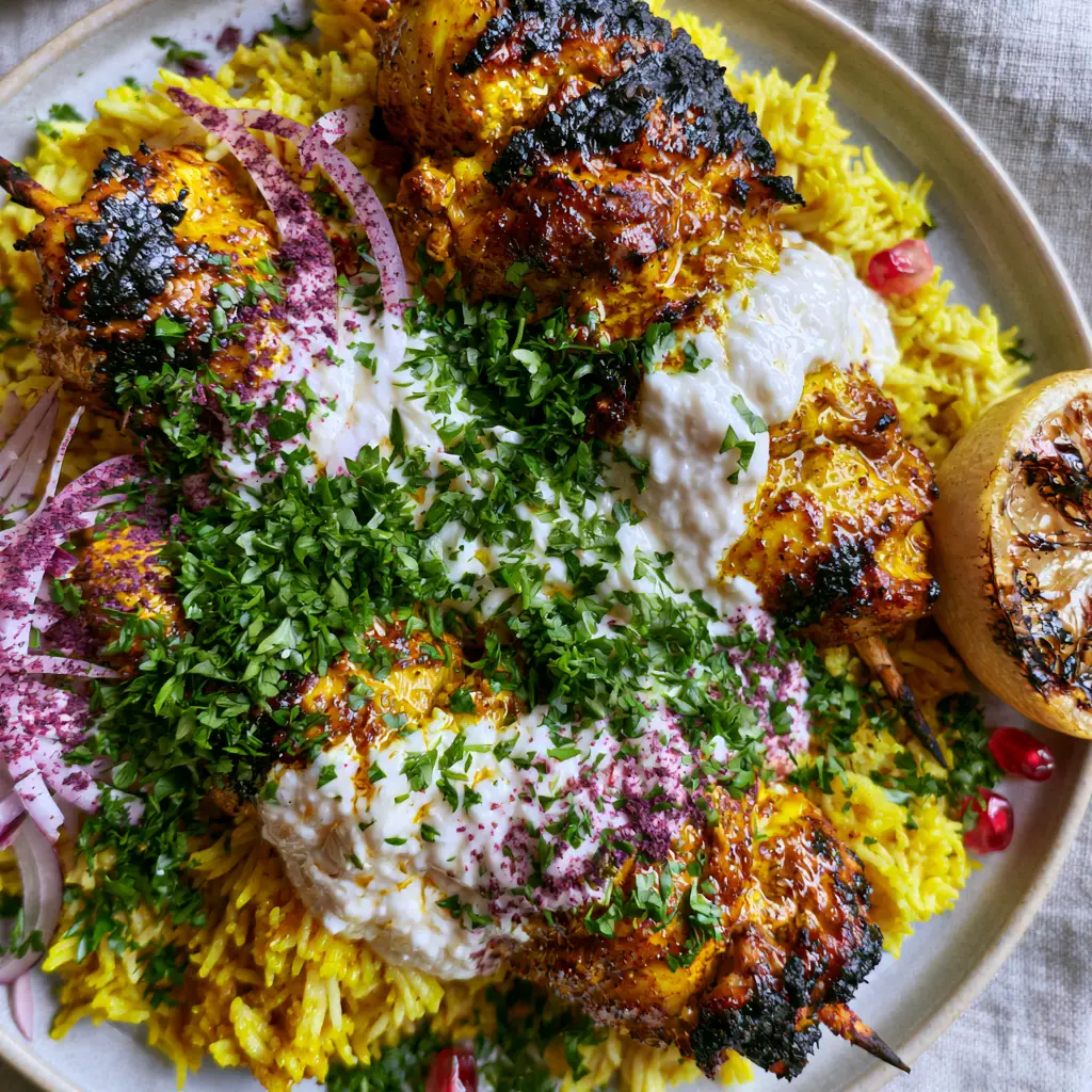 Chicken Shawarma Skewers resting on fluffy yellow turmeric rice with sumac-dusted red onions and a charred lemon.