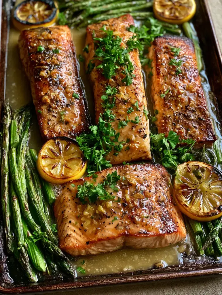 Baked Salmon with Honey Garlic Butter and Roasted Asparagus 2 Close-up of flaky Baked Salmon fillets drenched in a thick honey garlic butter glaze with toasted garlic bits and cracked pepper.