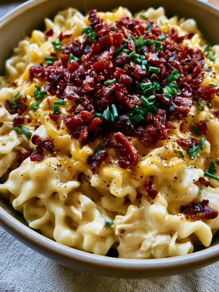 Crack Chicken and Noodles: The Ultimate Creamy Comfort Food Recipe 1 Close-up view of Crack Chicken and Noodles with melted sharp cheddar cheese strings, deep-red bacon bits, and fresh green chives.