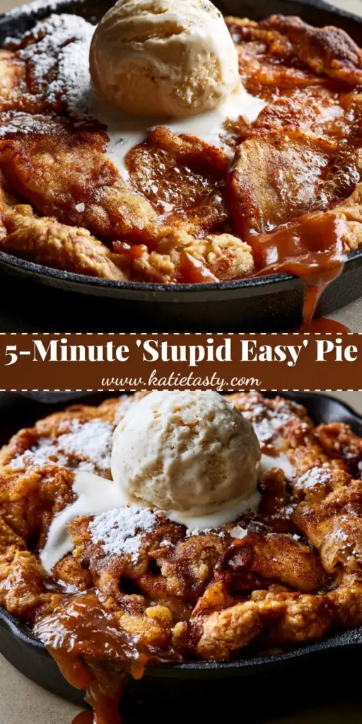 A rustic skillet stupid pie with bubbling cinnamon apples, a golden crumb crust, and a melting scoop of vanilla ice cream with caramel drizzle.
