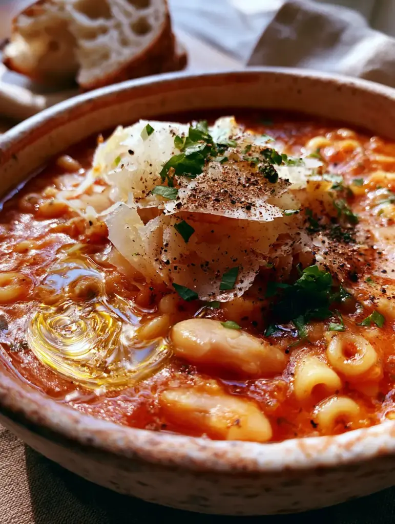 Pasta fagioli soup with Rich Tomato Broth and Cannellini Beans 2 Extreme close up of Pasta fagioli soup showing the vibrant terracotta broth and creamy cannellini beans.
