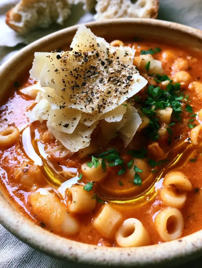 Pasta fagioli soup with Rich Tomato Broth and Cannellini Beans 1 A steaming bowl of Pasta fagioli soup topped with paper-thin Parmigiano-Reggiano and fresh parsley.
