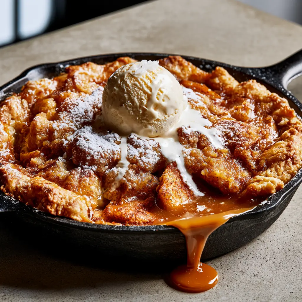 Stupid pie in a cast-iron skillet featuring a thick amber caramel drizzle and sea salt flakes.