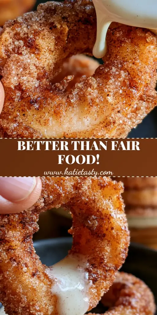 Air Fryer Cinnamon Apple Rings with Vanilla Bean Glaze 4 A tall stack of Air Fryer Cinnamon Apple Rings with a thick cinnamon-sugar crust and creamy vanilla bean icing drip on a black plate. (Air Fryer Cinnamon Apple Rings)