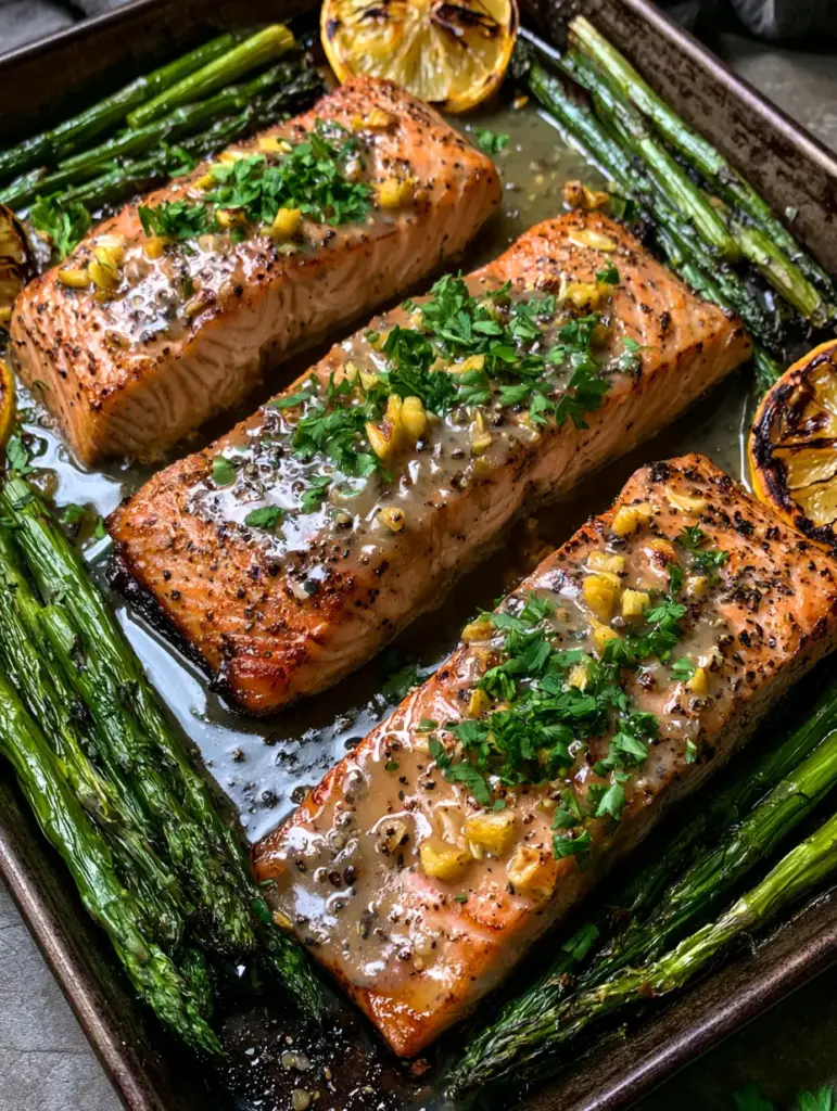 Baked Salmon with Honey Garlic Butter and Roasted Asparagus 1 Handheld photo of a sheet pan containing Baked Salmon, vibrant green roasted asparagus, and caramelized charred lemons.
