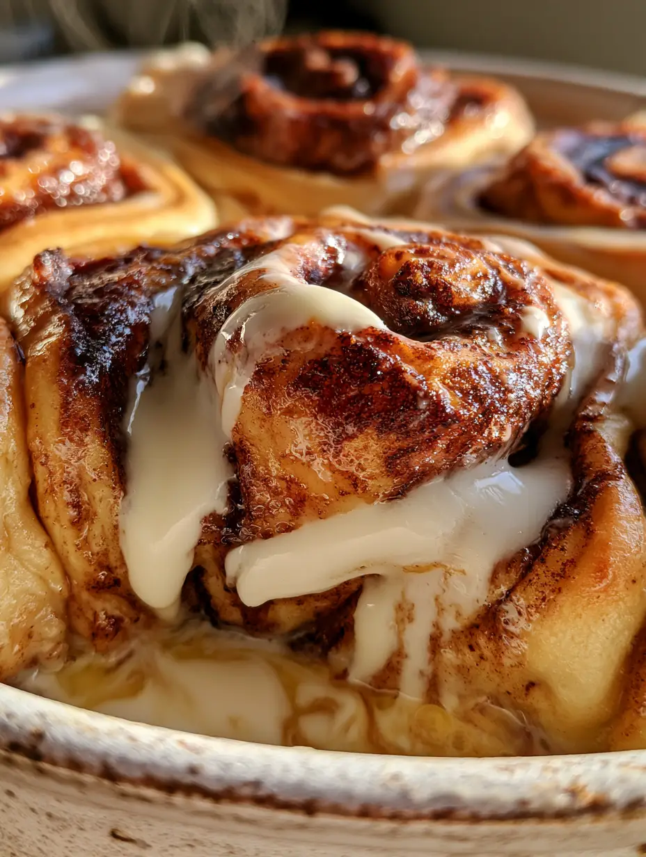 Macro shot of oversized pillowy rolls in a cinnamon roll breakfast bake with dark cinnamon swirls.