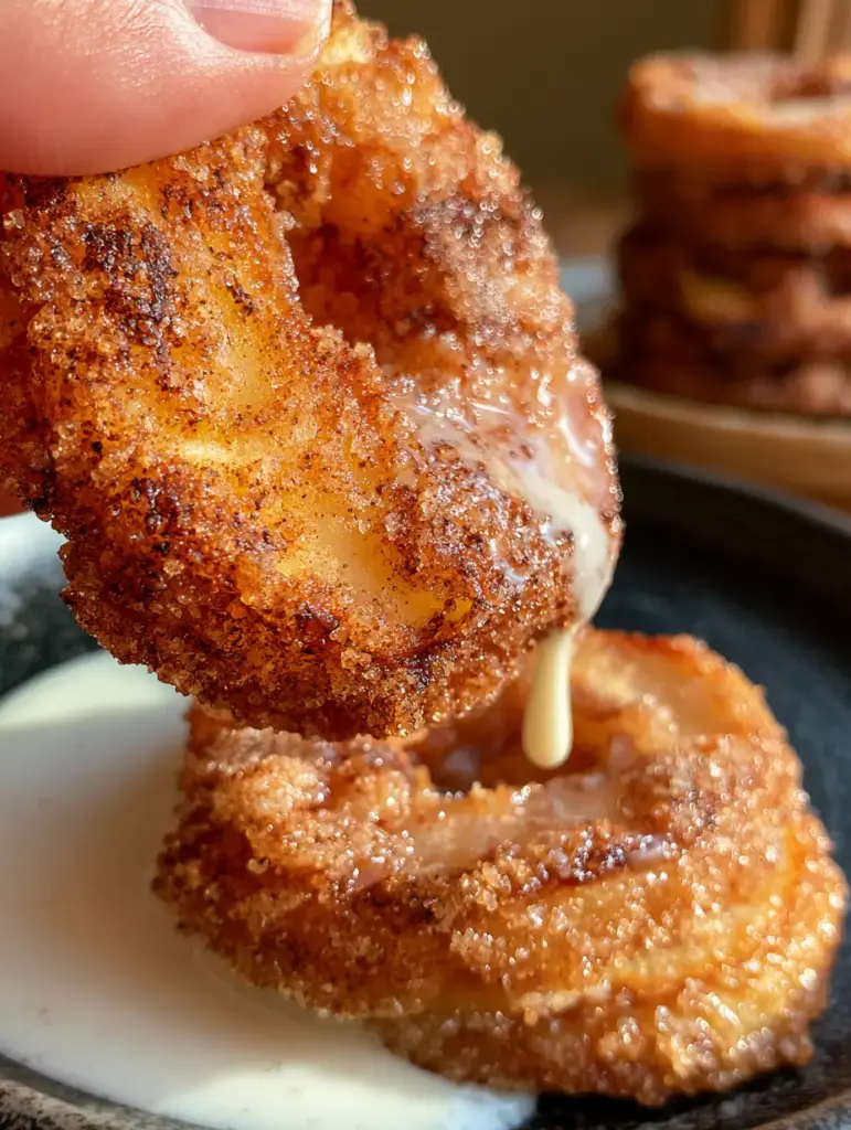 Extreme macro of a thick cinnamon apple ring held by fingertips being dipped into white vanilla bean glaze. (Air Fryer Cinnamon Apple Rings)