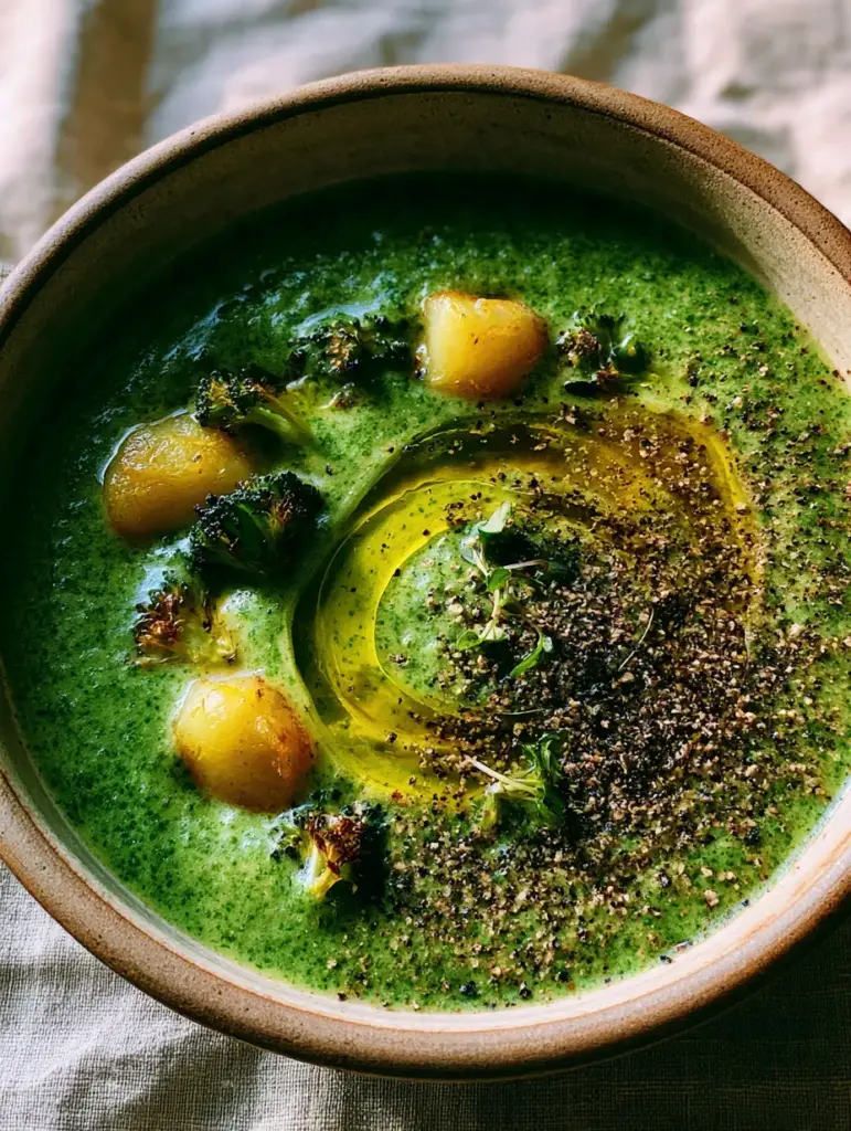 broccoli potato soup with Charred Florets and Golden Potato Cubes 2 Close up of deep forest green broccoli potato soup with visible golden potato chunks. (broccoli potato soup)