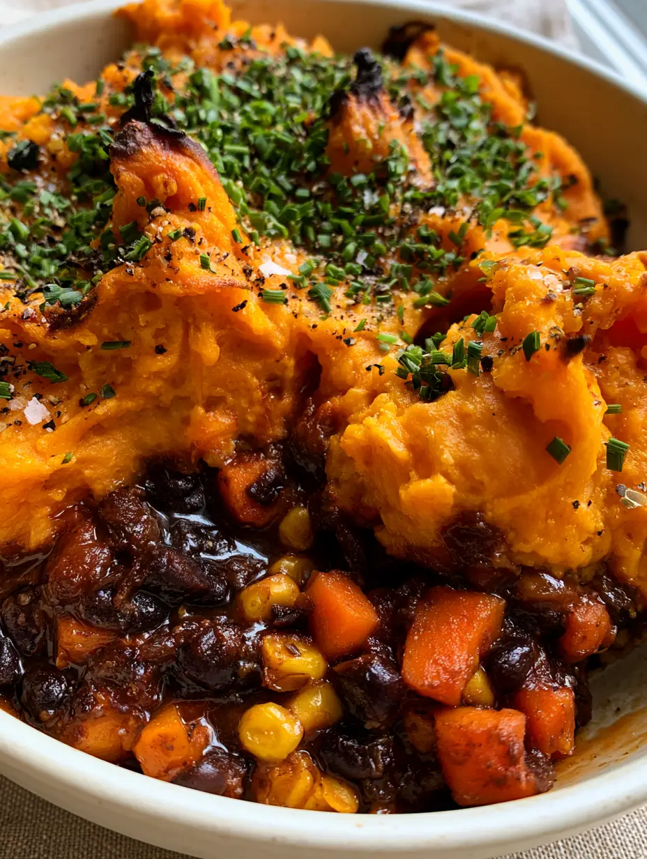 Black Bean Sweet Potato Shepherd's Pie (The Ultimate Healthy Comfort Food) 4 Extreme close up of black bean sweet potato shepherd's pie in a matte white ceramic dish with chives and black pepper.