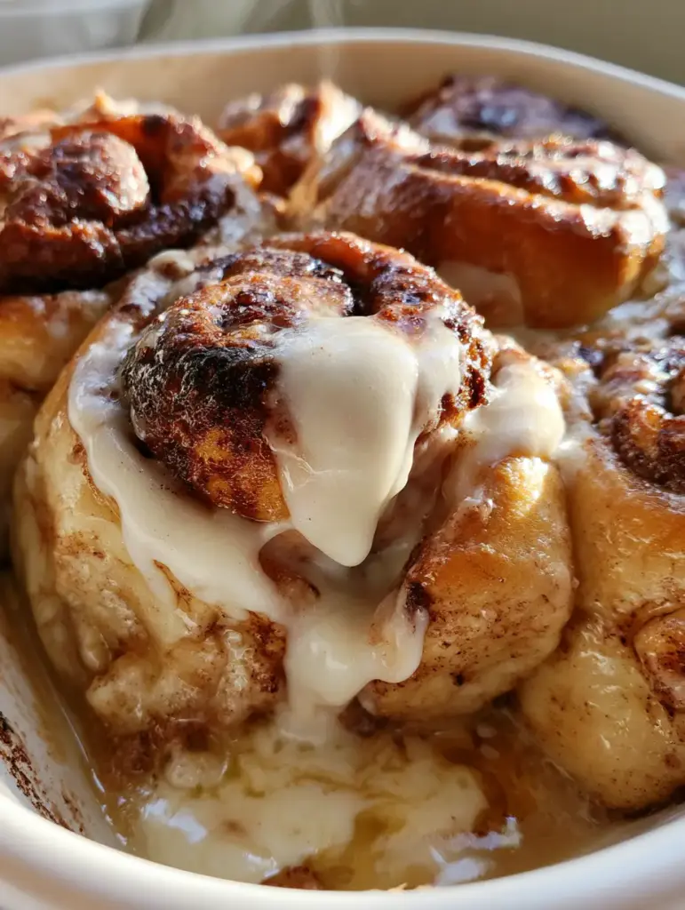 A pool of heavy cream and melted butter at the base of a cinnamon roll breakfast bake.