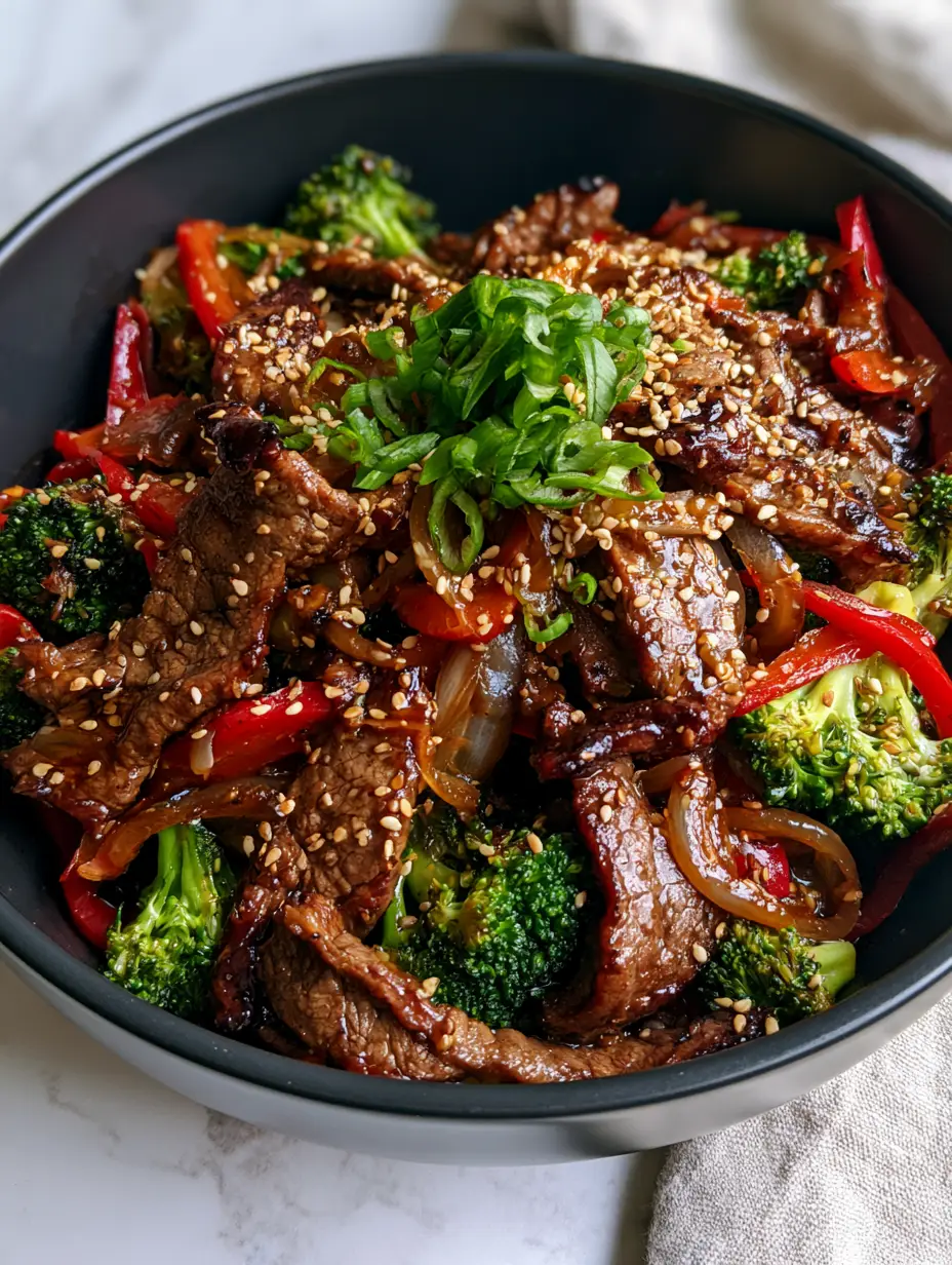 Tender thinly sliced seared beef strips with deep brown caramelization and vibrant broccoli florets. (easy recipe)