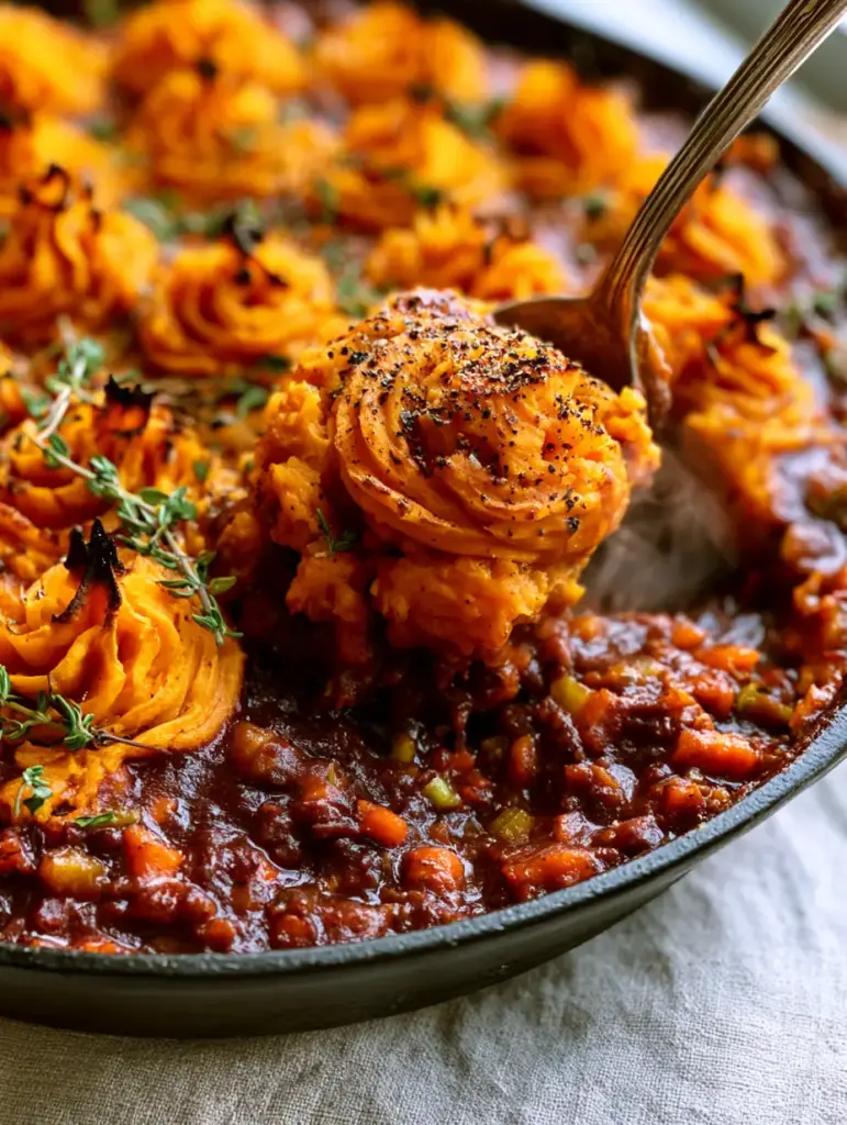 Whole30 Shepherd's Pie with Creamy Sweet Potato Mash 2 Close up of a scoop of Whole30 shepherd's pie showing the dark meat gravy and creamy orange sweet potato topping.