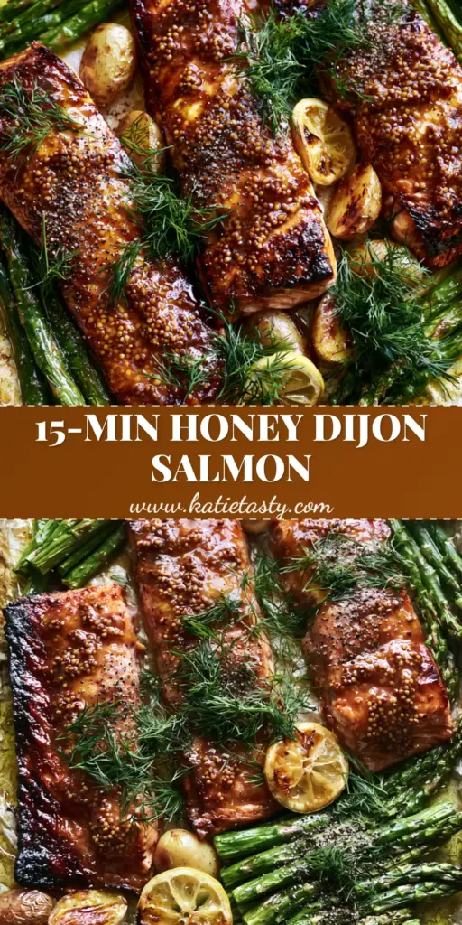 A close-up vertical view of Honey Dijon Baked Salmon fillets with visible mustard seeds, roasted potatoes, and asparagus on a sheet pan.