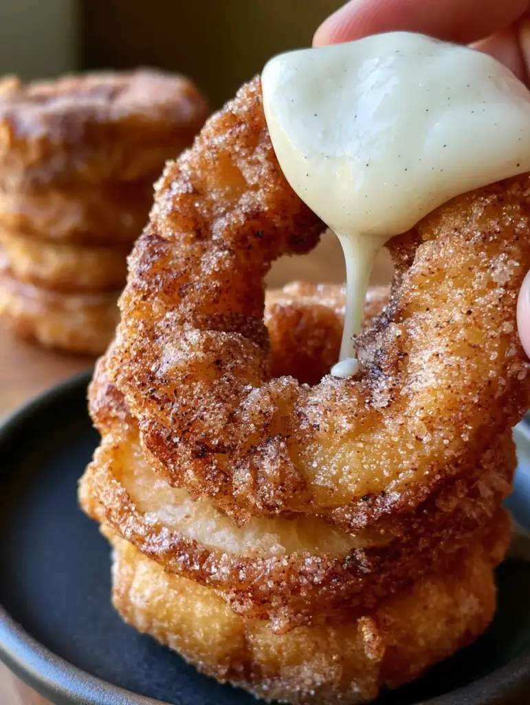 Air Fryer Cinnamon Apple Rings with Vanilla Bean Glaze 1 Close up of the craggy, crunchy texture of an Air Fryer Cinnamon Apple Ring crust with sparkling sugar crystals and cinnamon flecks.