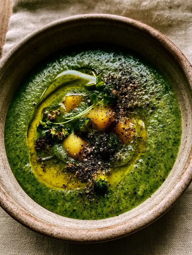 broccoli potato soup with Charred Florets and Golden Potato Cubes 1 Garnished broccoli potato soup with cracked black pepper and micro-greens in a rustic ceramic bowl.