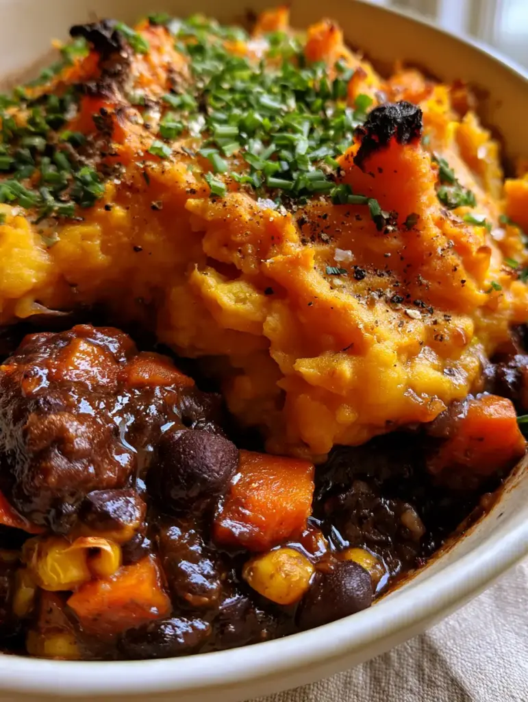 Black Bean Sweet Potato Shepherd's Pie (The Ultimate Healthy Comfort Food) 1 Handheld photo showing a scoop of shepherd's pie with glossy gravy, black beans, carrots, and corn.