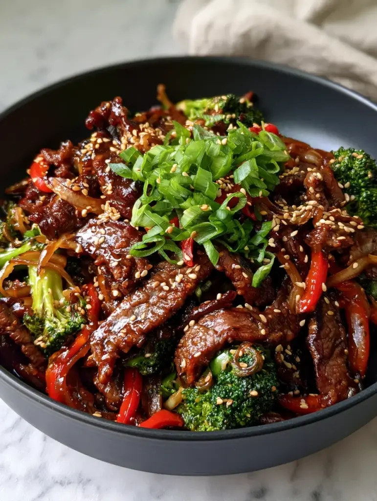 A pan of beef stir-fry showing julienned red bell peppers and caramelized white onions in a thick sauce.