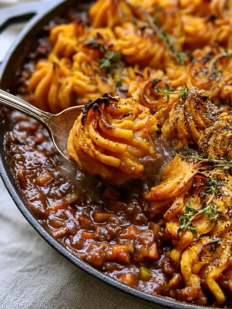 Whole30 Shepherd's Pie with Creamy Sweet Potato Mash 1 Whole30 shepherd's pie in a cast iron skillet garnished with fresh thyme and cracked black pepper.