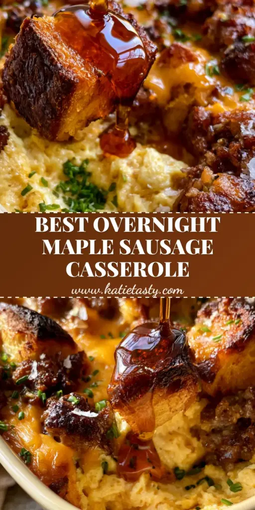 A vertical shot of a Maple sausage breakfast casserole featuring golden brioche cubes and bubbling cheddar cheese in a white dish.