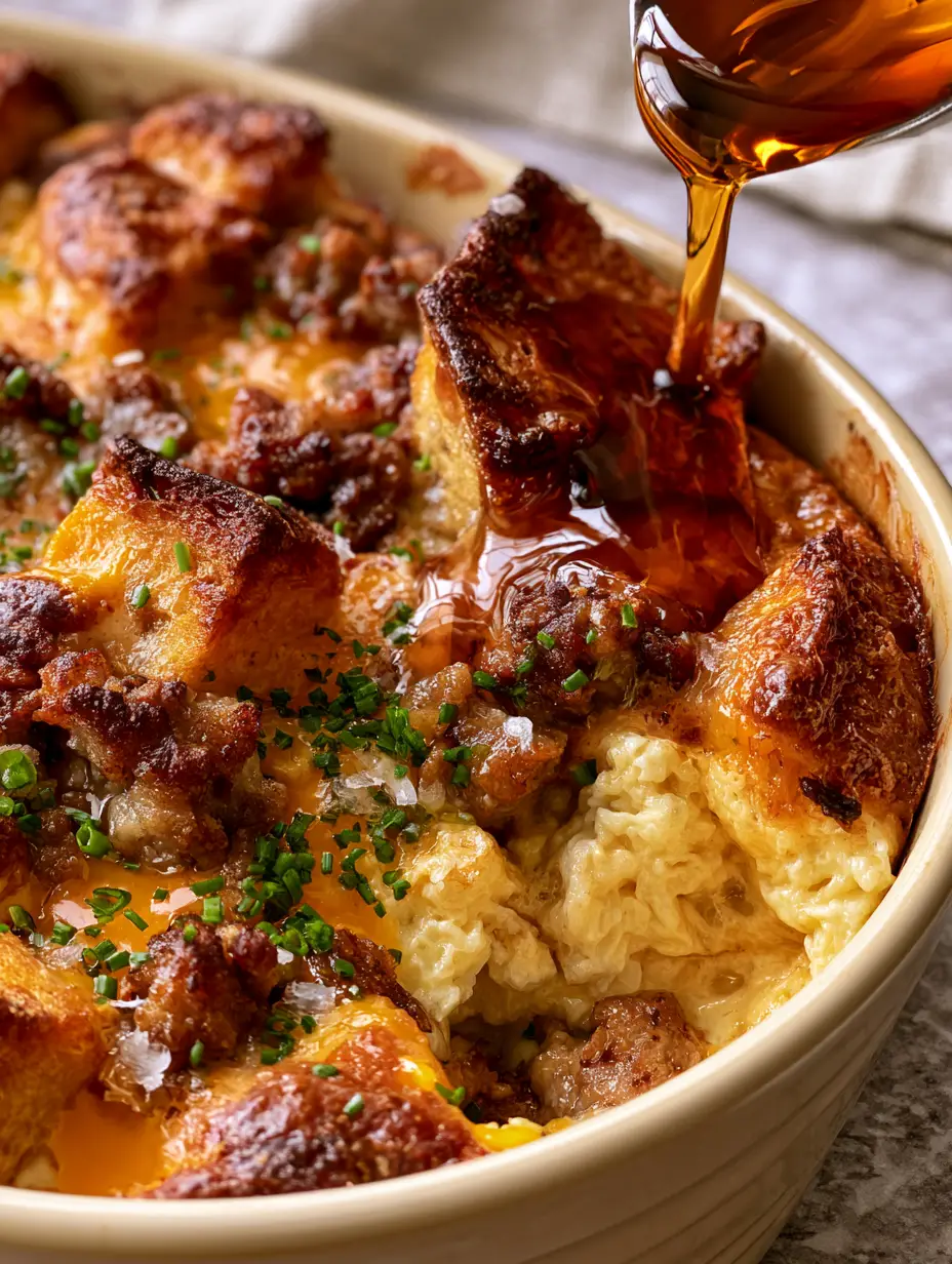 Extreme close-up of Maple sausage breakfast casserole showing toasted brioche cubes, browned sausage crumbles, and glossy maple syrup highlight.