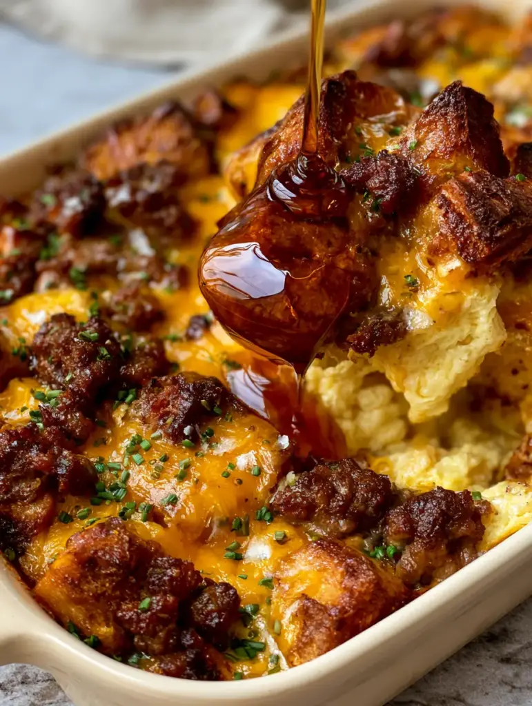 A steaming interior view of a Maple sausage breakfast casserole with aerated fluffy eggs and melted sharp cheddar.