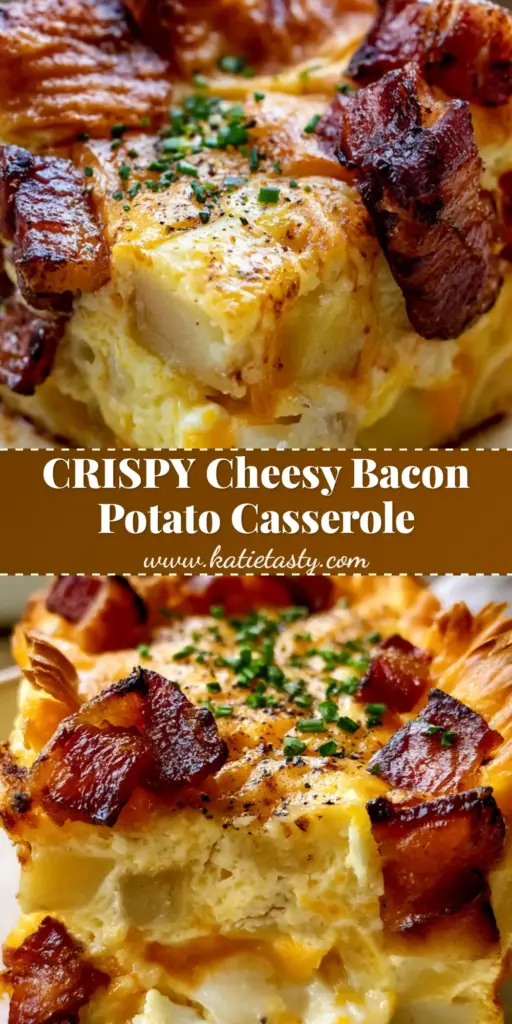Cheesy Bacon Potato Breakfast Casserole with Crispy Scalloped Tops 4 A thick square slice of cheesy bacon potato breakfast casserole on a rustic plate showing crispy scalloped potato tops and bubbling toasted cheddar.