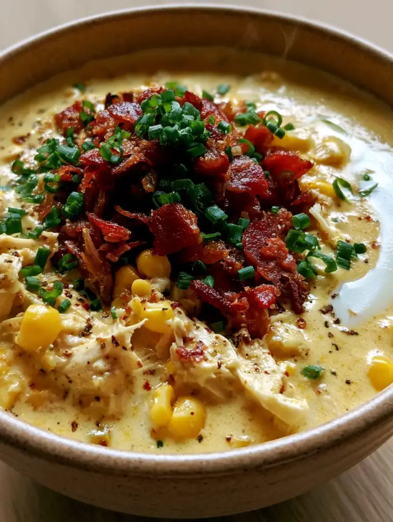 Chicken Corn Chowder: The Ultimate Creamy and Comforting Recipe 1 A top-down view of the rustic stoneware bowl featuring shredded chicken, bacon bits, and fresh chives.